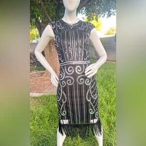 Black and Silver Embellished Halter Midi Dress